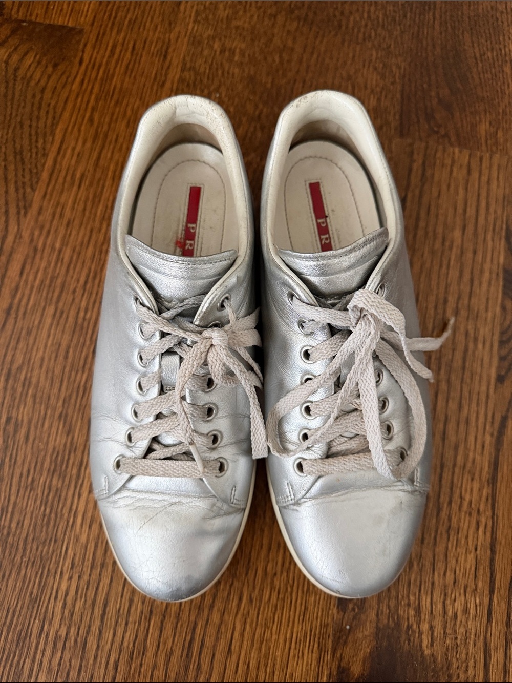 Prada Silver Leather Lace-Up Sneakers